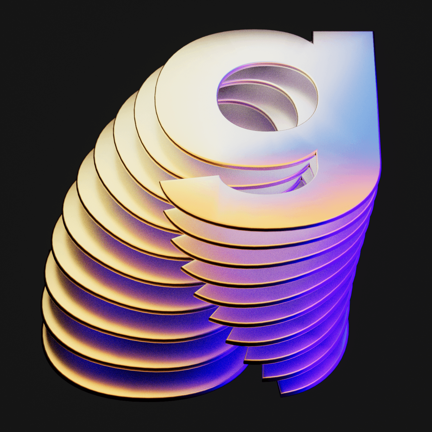 A 3D render of a letter g stacked in layers